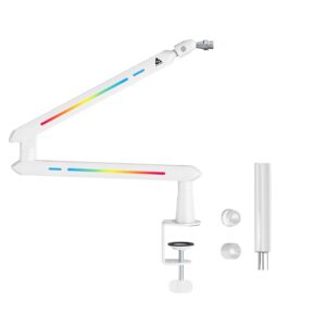 Audio Array AA-19WL RGB Low Profile Boomarm Stand with Riser | 71cm reach & 20 RGB lighting effects & Built-In Cable Management | Matte finish with Flexible adjustments | 2Kg Weight Capacity | White