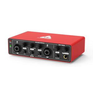Audio Array AI-04 2x2 Audio Interface | Premium Mic Pre-Amps | 48V Phantom Power Support | 24-bit/192kHz High Fidelity Recording | XLR/MIC/LINE inputs | Plug and Play-No Drivers | Metal Body | Red