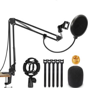 Audio Array AA-06 Microphone Boom Arm with 35cm+35cm=70cm Adjustable Suspension Scissor Arm Stand, Shock Mount, Base Clamp, Pop-Filter, 3/8" to 5/8" Universal Screw Adapter, 4X Cable Ties