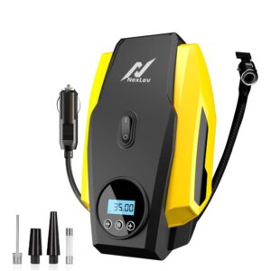NexLev Portable Tyre Inflator for Car, Bike, Cycle|150 PSI Pressure| 120 Watt Air Pump|12V Car Plug| Digital Display| Auto Shut-Off| Emergency LED Light| 3m Cord| 3 Air Nozzles| Compact| AER TI-02