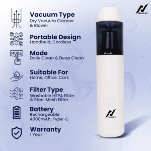 nexlev Cordless 2-in-1 Vacuum Cleaner & Blower| BLDC Copper Motor | 2 Modes|Washable HEPA with Stainless Steel Cover| 4 Accessories|Type-C | Portable for Home and Car| Compact Design | VC-04