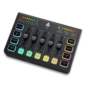 Audio Array AI-06 Streaming Audio Mixer Sound Card | XLR, 1/4" & line in | PC/Phone RGB Mixer with Volume Fader, Individual Control, Mute and Monitoring, 48V Phantom Power | Stream, Podcast & Karaoke